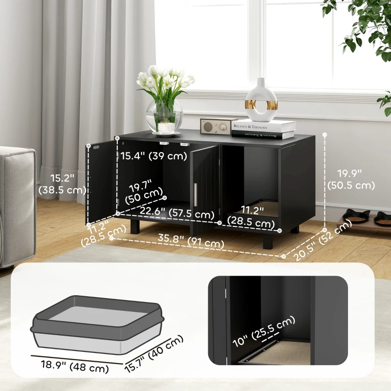 PawHut Cat Litter Box Enclosure, Cat House End Table with Scratcher, Black