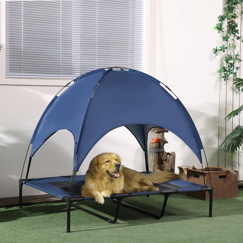 PawHut 48" x 36" Elevated Portable Dog Cot Cooling Pet Bed with UV Protection Canopy Shade, Dark Blue
