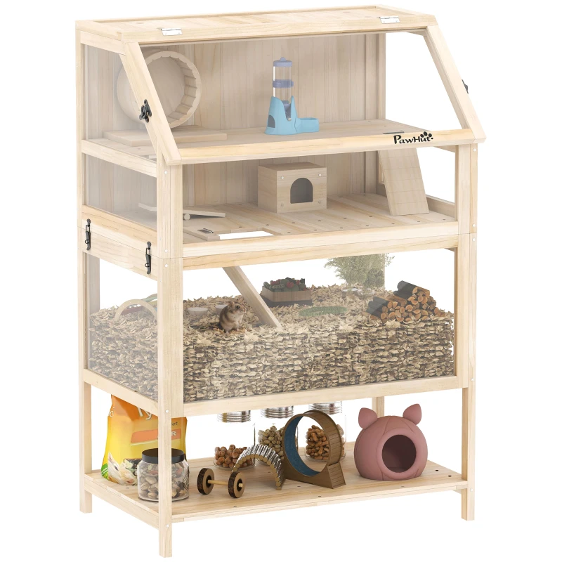PawHut Wooden Hamster Cage with Detachable Lower Floor, Storage Shelf, Hut, Seesaw, Exercise Wheel, Ramps for Dwarf