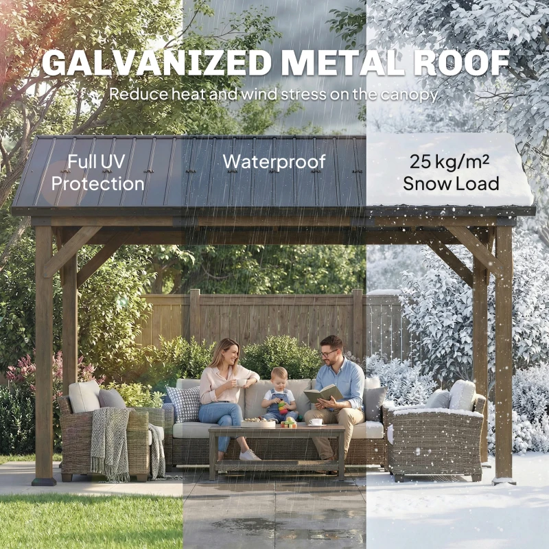 Outsunny 13' x 11' Hardtop Gazebo Canopy with Galvanised Metal Roof, Fir Wood Frame and Central Hook for Patio, Black Grey