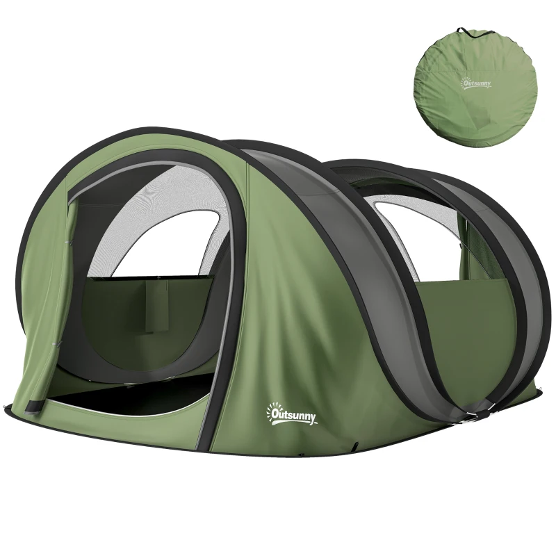 Outsunny Family Tent  Pop-Up Camping Tent with 2 Doors 2 Windows for 4-5 Person Waterproof Green
