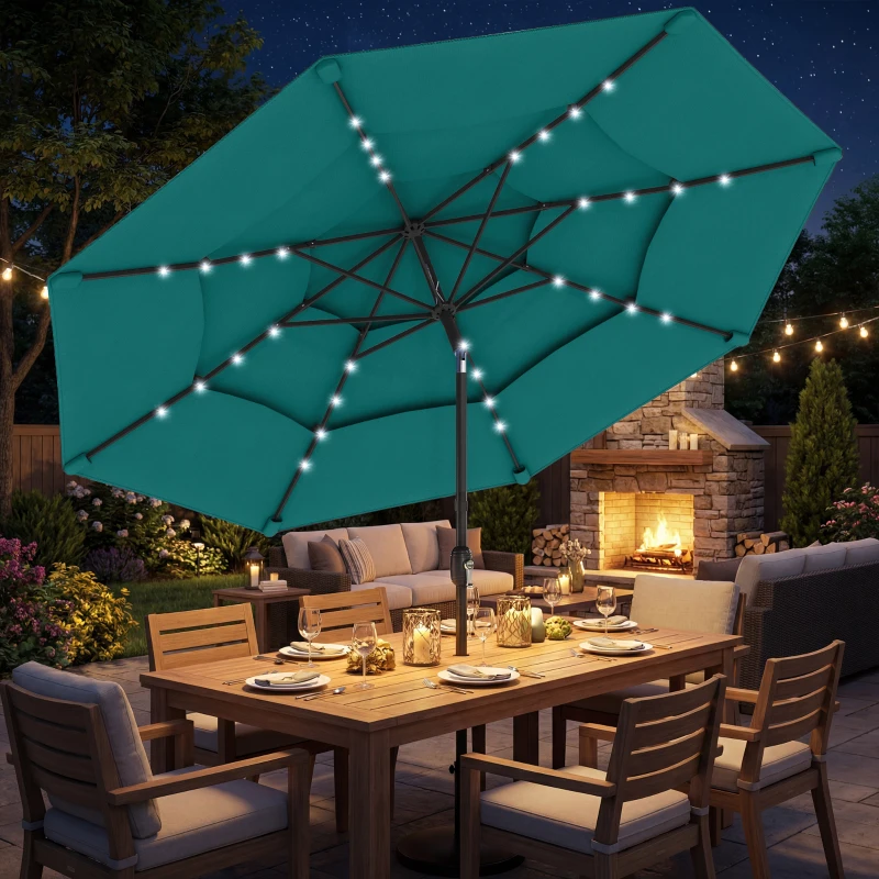 Outsunny 9.7 ft Outdoor Patio Umbrella with Solar LED Lights, 3 Tier Outdoor Table Umbrella with Tilt, Crank, Teal