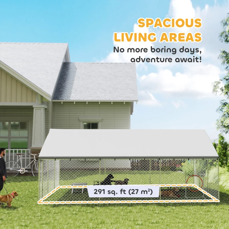 PawHut Heavy Duty Outdoor Dog Kennel with Waterproof Roof, 2 Secure Latches, Chain Link Dog Run for Backyard, 20' x 15' x 8'