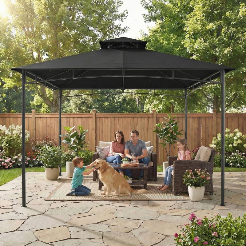 Outsunny 10' x 10' Gazebo, Soft Top Outdoor Gazebo with 2-Tier Roof, Metal Frame, Black