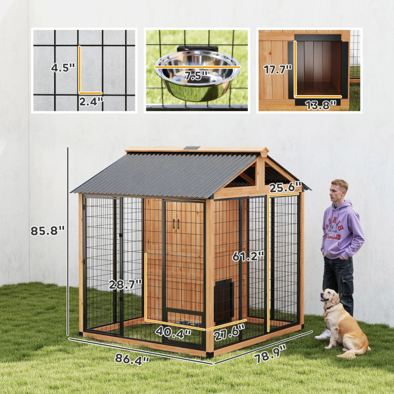 PawHut 7' x 6' Extra Large Dog House, Wood Outdoor Dog Kennel with Storage Cabinet, Stainless Steel Bowls, Light Yellow