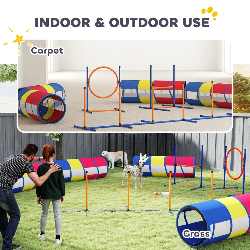 PawHut Dog Agility Training Equipment, 12-Piece Dog Obstacle Course with Adjustable Hurdle & Ring, 4 Tunnels, Weave Poles