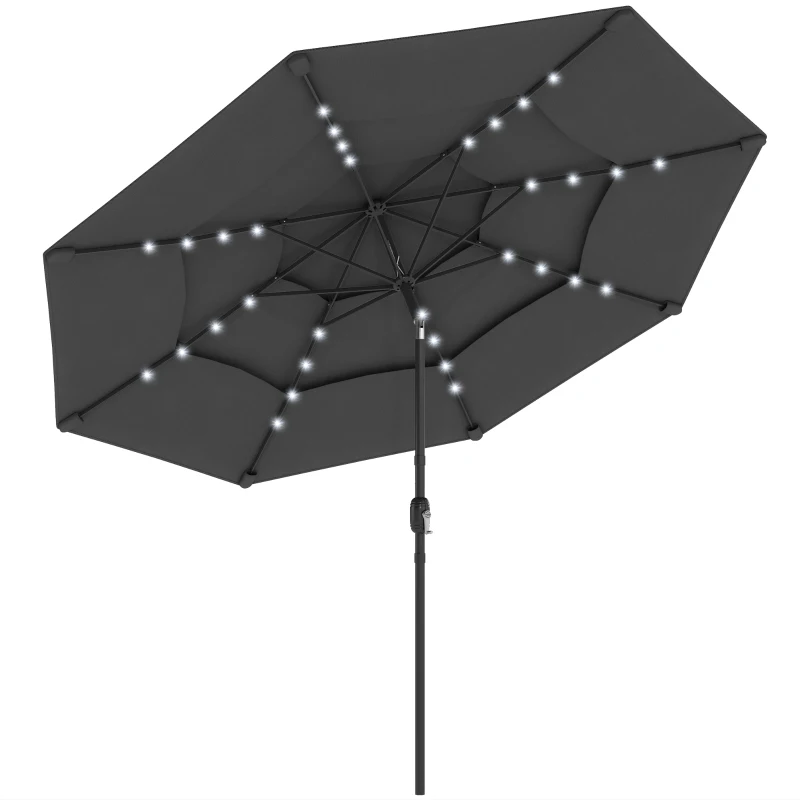 Outsunny 9.7 ft Outdoor Patio Umbrella with Solar LED Lights, 3 Tier Outdoor Table Umbrella with Tilt, Crank, Black