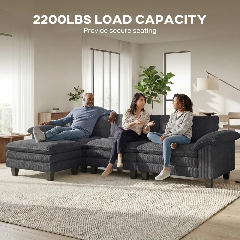 HOMCOM Sectional Sofa, L Shaped Couch with Deep Seat, Movable Ottoman and Pillow-top Armrests, Dark Grey