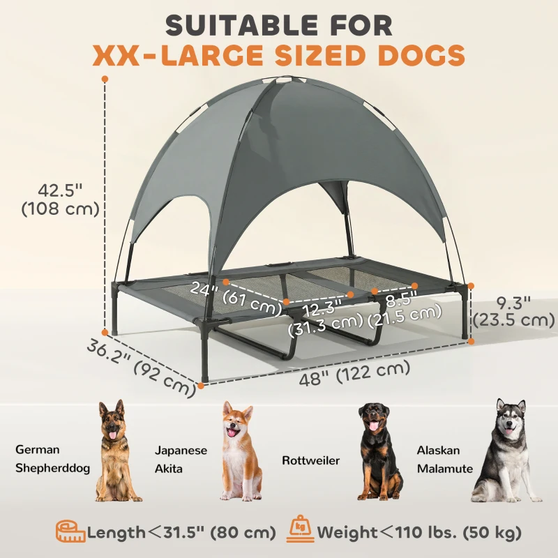 PawHut Elevated Dog Bed with Canopy, Portable Raised Dog Cot for XL Sized Dogs, Indoor & Outdoor, 48" x 36" x 43", Grey