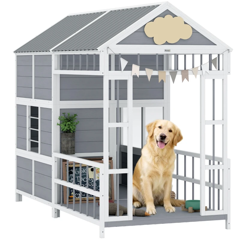 PawHut 79"L Large Dog House Outdoor, Wooden Dog Kennel with Porch, Storage Cabinet,Weatherproof Roof, Windows