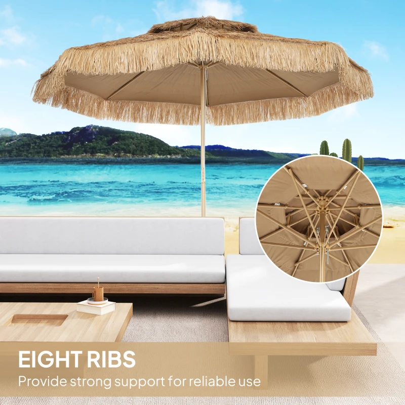 Outsunny 10 ft. Hula Thatched Tiki Patio Outdoor Umbrella with 8 Ribs, UPF30+, for Garden, Backyard, Deck, Pool, Natural