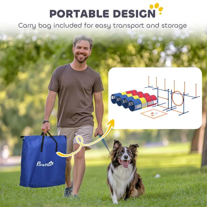 PawHut Dog Agility Training Equipment, 12-Piece Dog Obstacle Course with Adjustable Hurdle & Ring, 4 Tunnels, Weave Poles
