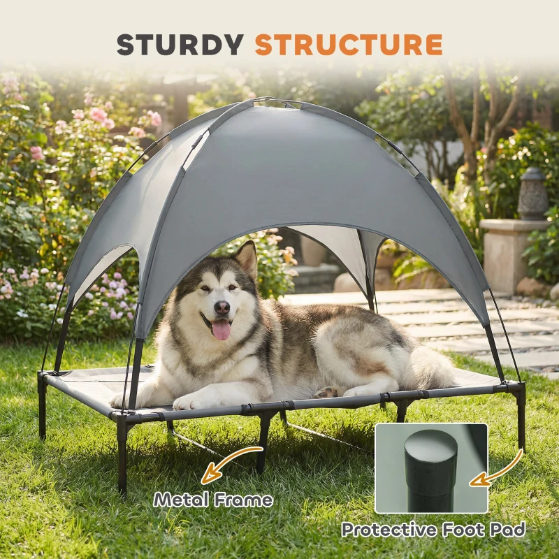 PawHut Elevated Dog Bed with Canopy, Portable Raised Dog Cot for XL Sized Dogs, Indoor & Outdoor, 48" x 36" x 43", Grey