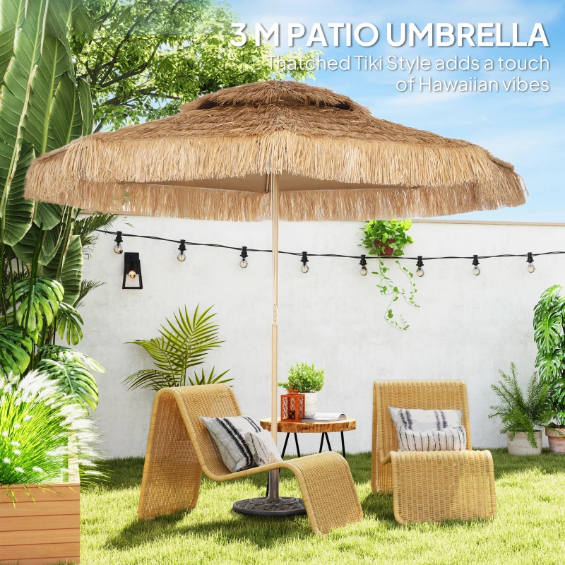 Outsunny 10 ft. Hula Thatched Tiki Patio Outdoor Umbrella with 8 Ribs, UPF30+, for Garden, Backyard, Deck, Pool, Natural
