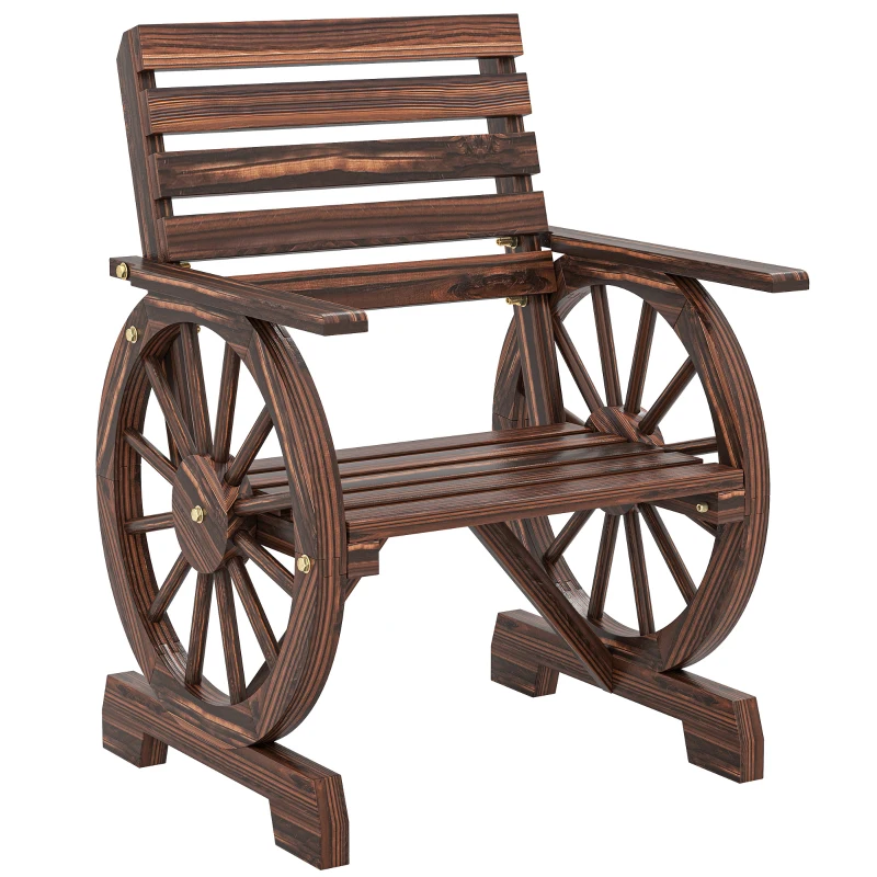 Outsunny Wood Outdoor Patio Chair, Lounge Chair with Wagon Wheel Armrests, Slatted Wide Seat, Slanted Backrest, Carbonized
