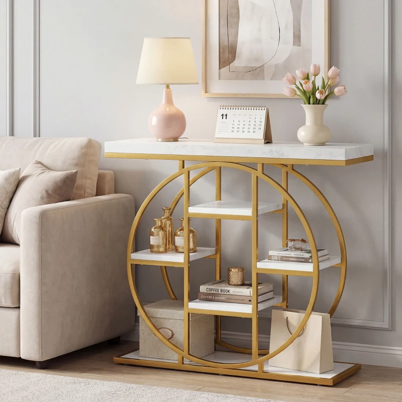 HOMCOM 39.4" Console Table with Storage Shelves, Industrial Sofa Table for Living Room, Hallway, White Marble Effect