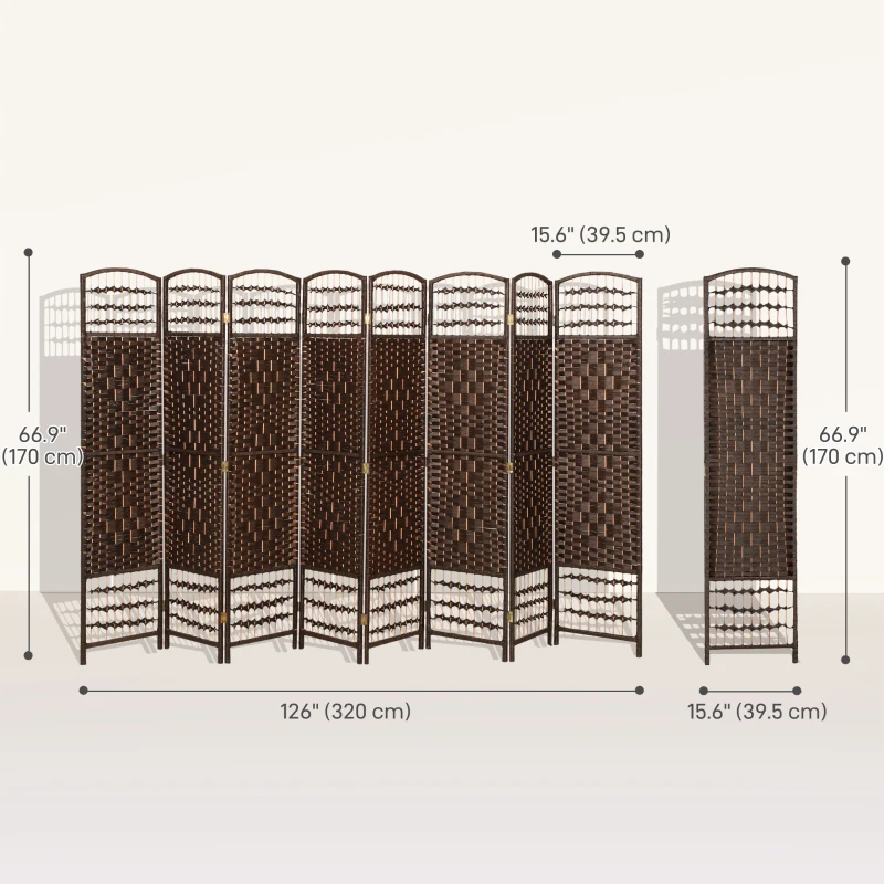 HOMCOM 8 Panel Folding Room Divider, Portable Privacy Screen, Wave Fiber Room Partition for Home Office, Brown