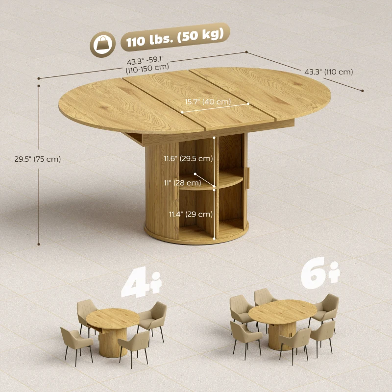 HOMCOM Extendable Dining Table for 6, 60" Farmhouse Kitchen Table with 2-Tier Storage Shelf and Fluted Sliding Doors, Natural