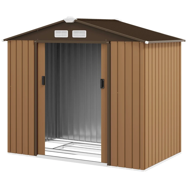 Outsunny 7' x 4' Outdoor Storage Shed, Garden Tool House w/ Foundation Kit Vents & Sliding Doors for Backyard Patio, Brown