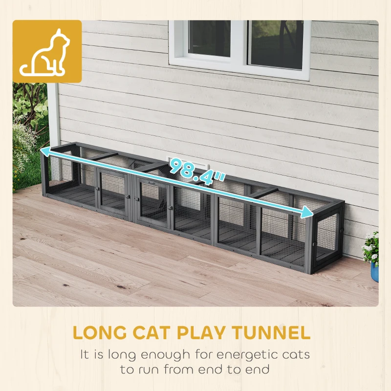 PawHut Wooden 98" Cat Tunnel for Outdoor with Combinable Design, 8 Doors, Dark Gray