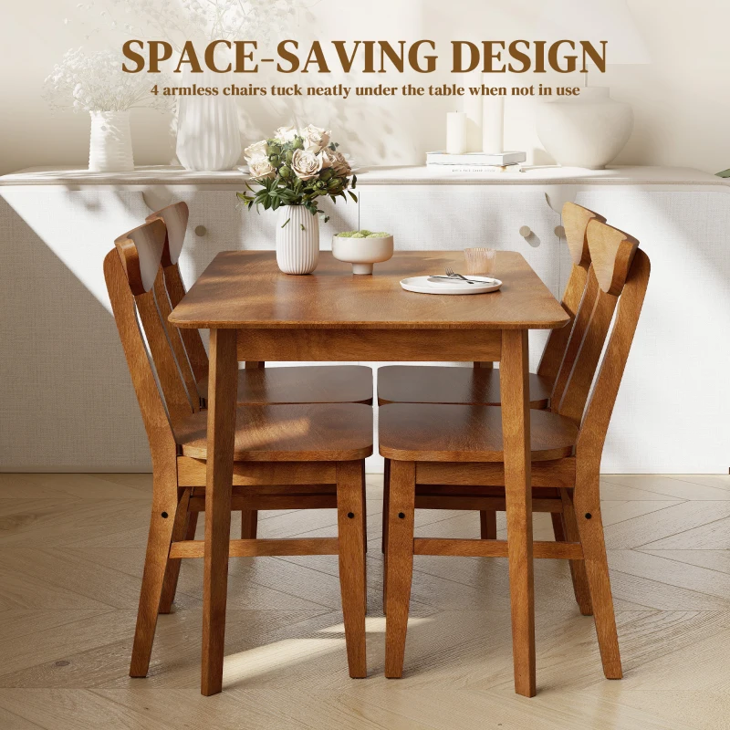 HOMCOM 5-Piece Solid Wood Dining Room Set for 4, Farmhouse Dinette Table Set with 4 Chairs for Small Space, Dining Room, Walnut
