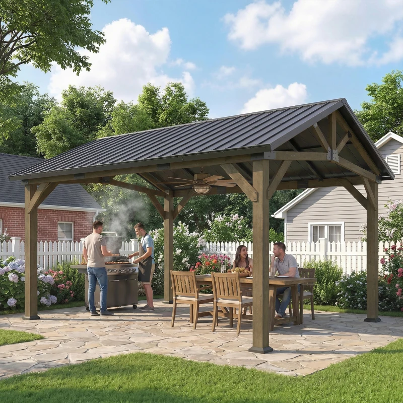 Outsunny 13' x 11' Hardtop Gazebo Canopy with Galvanised Metal Roof, Fir Wood Frame and Central Hook for Patio, Black Grey