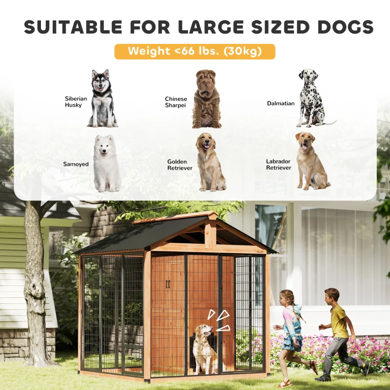 PawHut 86" L Dog House Outdoor, Wooden Dog Kennel with Storage Cabinet, Stainless Steel Bowls for Large Breeds, Yellow