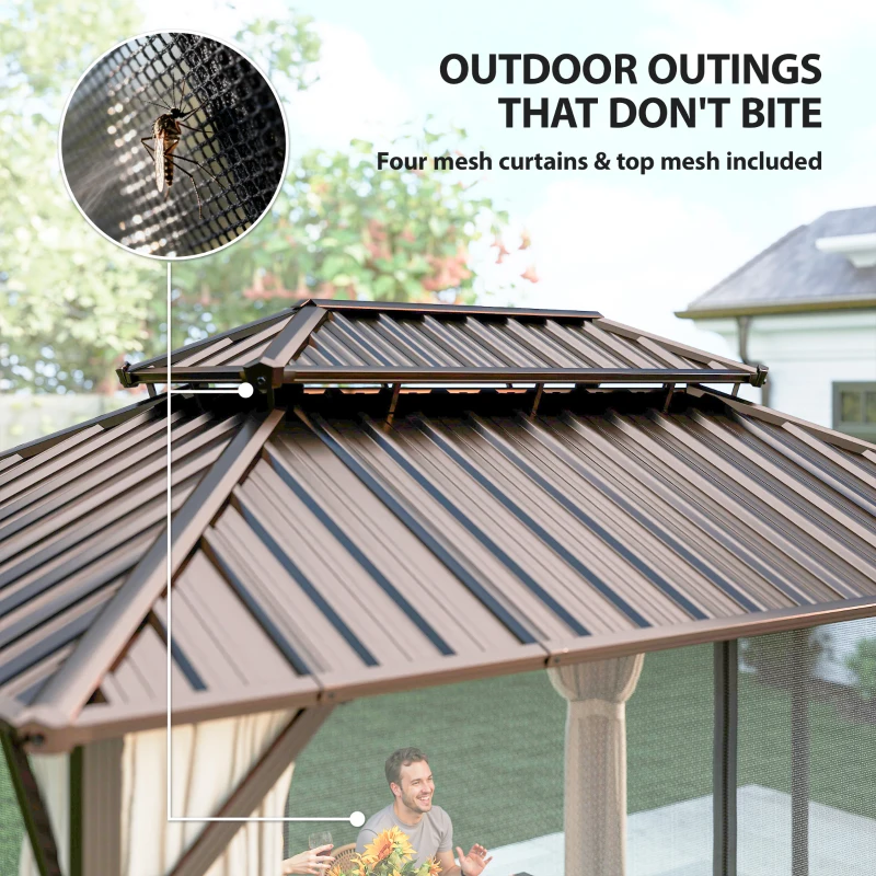 Outsunny 10' x 14' Hardtop Gazebo with Double Galvanized Steel Roof Canopy, Aluminum Frame Permanent Gazebo, Brown