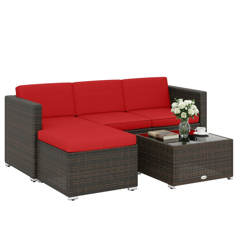 Outsunny 3 Pieces Patio Furniture Set with Cushions, Outdoor PE Rattan Wicker Conversation Corner Sofa Set with Glass Top Table