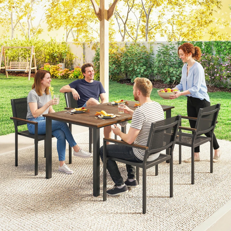 Outsunny Outdoor Dining Set for 4, Patio Table and Chairs Set with 59" Rectangle Acacia Wood Table and 352 LBS Stackable Chairs