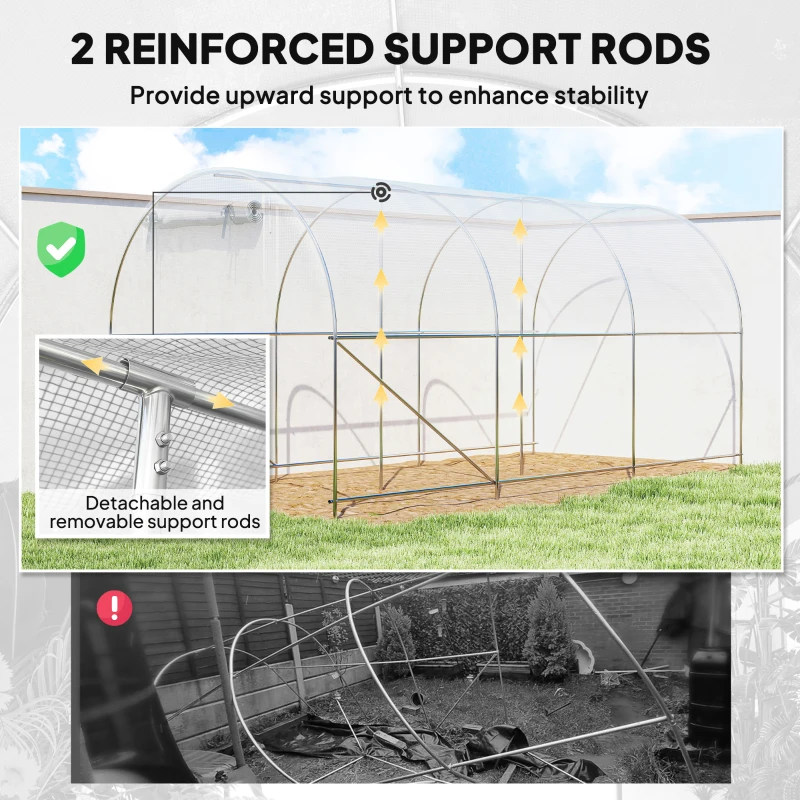 Outsunny Hoop House Greenhouse, Walk-in Tunnel Greenhouse with 2 Support Rods, Zippered Roll-up Mesh Door, 14.6'x6.5'x6.6', White