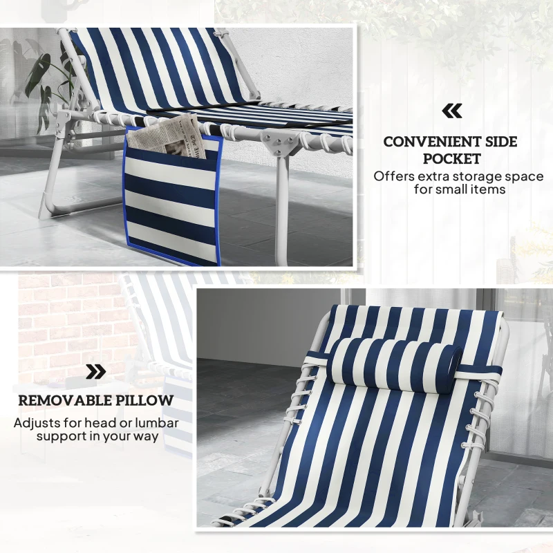 Outsunny Tanning Chair Set of 2 with Face Hole and Side Table, 5-Position Folding Outdoor Chaise Lounge Chair, Blue and White