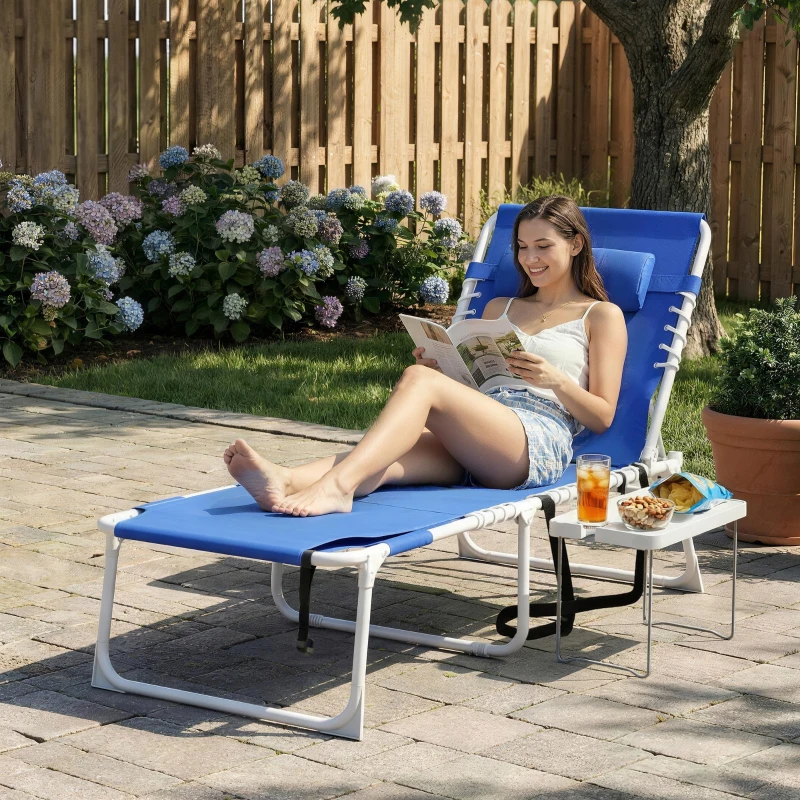 Outsunny Tanning Chair with Face Hole and Side Table, 5-Position Folding Outdoor Chaise Lounge Chair, Navy Blue