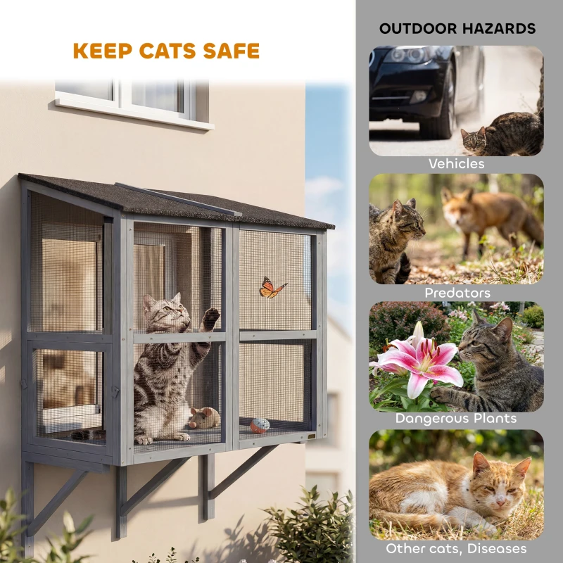 PawHut Catio Outdoor Cat Enclosure Wall-Mounted 2-Level Outdoor Cat House with Waterproof Roof 51.2" Grey