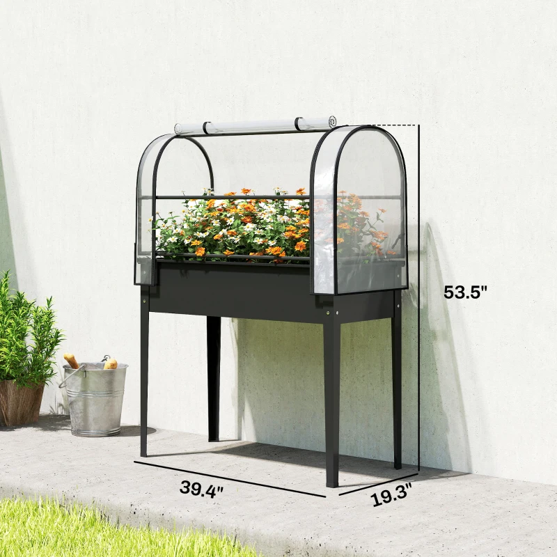 Outsunny Raised Garden Bed with Flip-Up Greenhouse Cover, Metal Elevated Garden Bed with Legs and Drainage Hole, Black