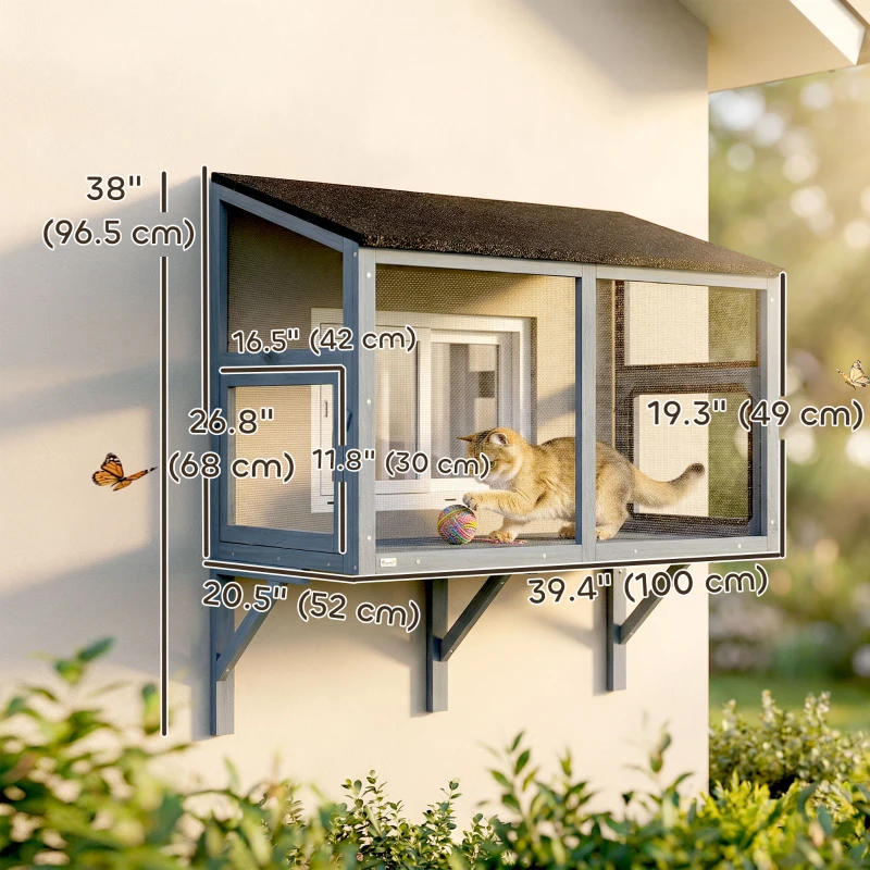 PawHut Catio Outdoor Cat Enclosure Expandable Wooden Cat House with 2 Doors for Window, 39.4"L