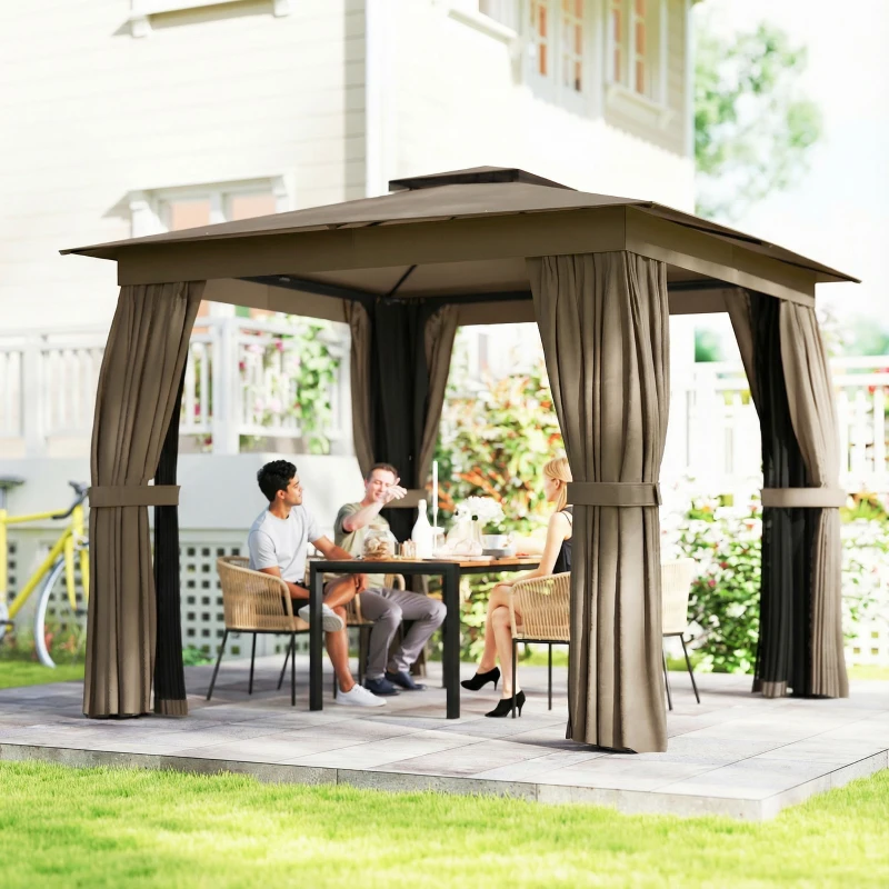 Outsunny 10' x 10' Outdoor Patio Gazebo, Soft Top Gazebo Canopy Shelter with Curtains, Netting, Steel Frame, Hook, Khaki