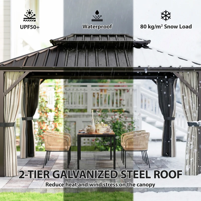 Outsunny 10' x 14' Hardtop Gazebo with Double Galvanized Steel Roof Canopy, Aluminum Frame Permanent Gazebo, Brown