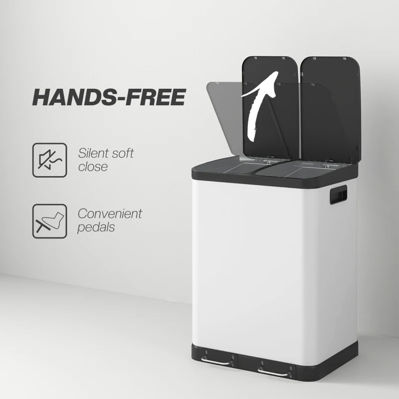 HOMCOM Kitchen Garbage Bin, 2 x 7.9 Gal (2 x 30 L) Trash Can, Soft-Close Garbage Can with Removable Inner Buckets, White