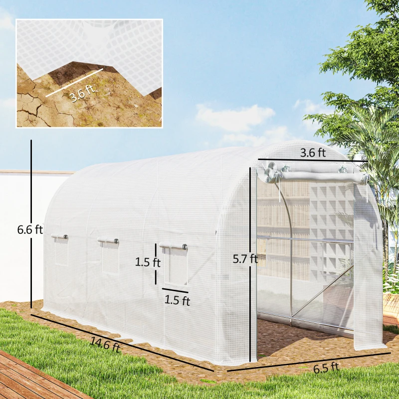 Outsunny Hoop House Greenhouse, Walk-in Tunnel Greenhouse with 2 Support Rods, Zippered Roll-up Mesh Door, 14.6'x6.5'x6.6', White