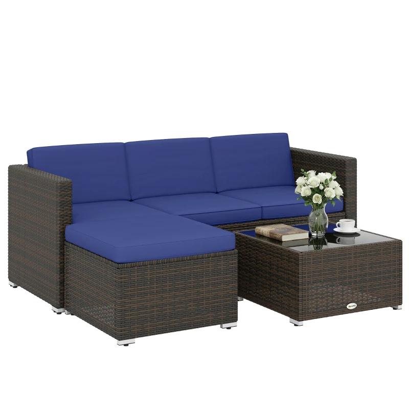 Outsunny 3 Pieces Patio Furniture Set with Cushions, Outdoor PE Rattan Wicker Conversation Corner Sofa Set with Glass Top Table