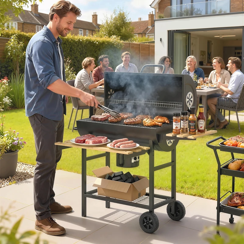 Outsunny Charcoal BBQ Grill with Foldable Shelves, Barbecue Grill with Warming Rack, Thermometer, Wheels, Natural Wood and Black