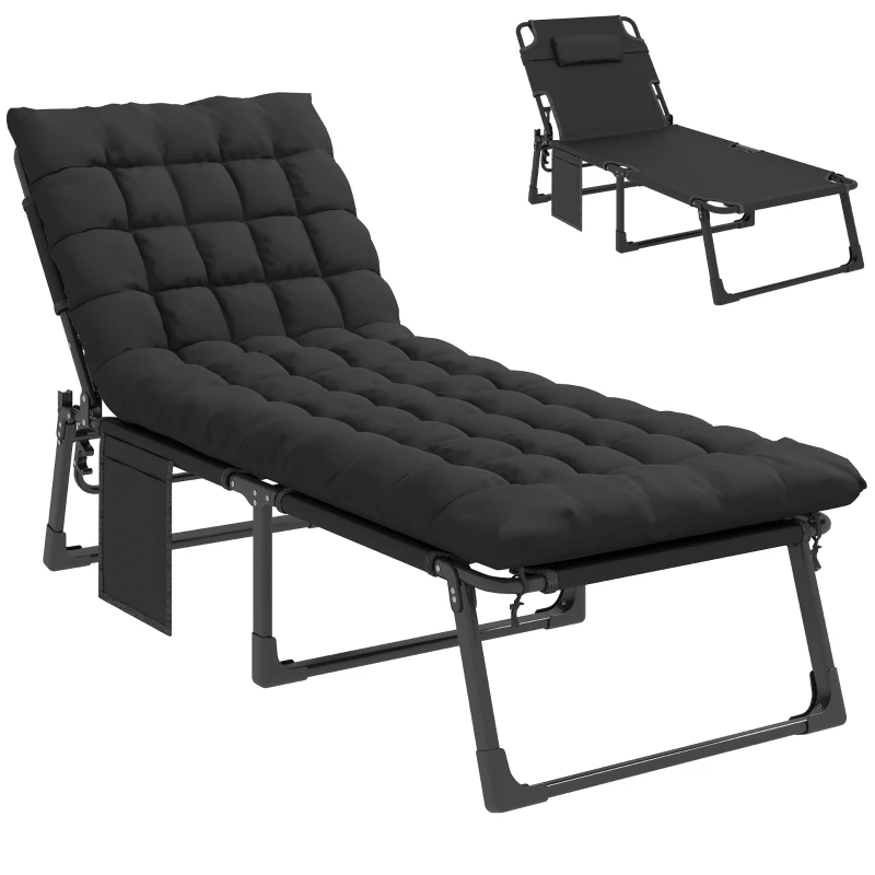 Outsunny Folding Chaise Lounge Chair Outdoor Tanning Chair with 5-Position Backrest, Cushion, Side Pocket, Black