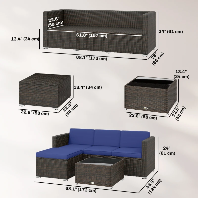 Outsunny 3 Pieces Patio Furniture Set with Cushions, Outdoor PE Rattan Wicker Conversation Corner Sofa Set with Glass Top Table