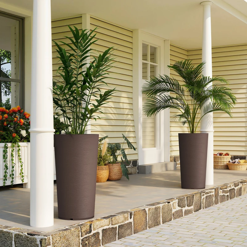 Outsunny 29 Inch Outdoor Planter, Set of 2 Plastic Flower Pots, Weather and UV Resistant Stackable Large Planters, Brown