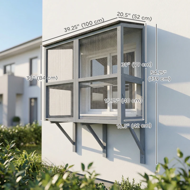 PawHut Catio Outdoor Cat Enclosure Wall-Mounted 2-Level Outdoor Cat House with Waterproof Roof 39.4" Grey