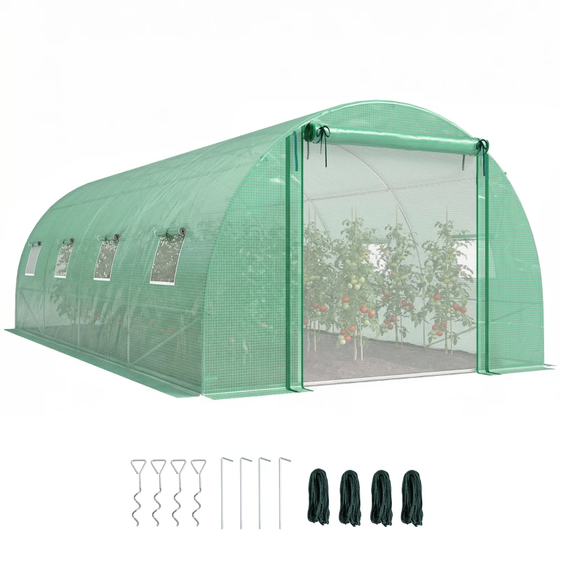 Outsunny Walk-in Tunnel Greenhouse with 2 Support Rods, Mesh Door, Plant Hot House with PE Cover, 20'x10'x7', Green