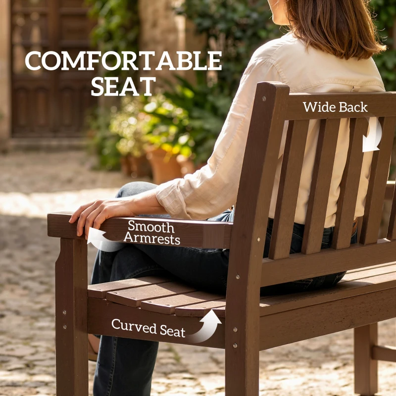 Outsunny 2-Person Garden Bench, HDPE Outdoor Bench with 530 lbs Capacity, Curved Seat for Backyard, Park, Porch, Lawn, Brown