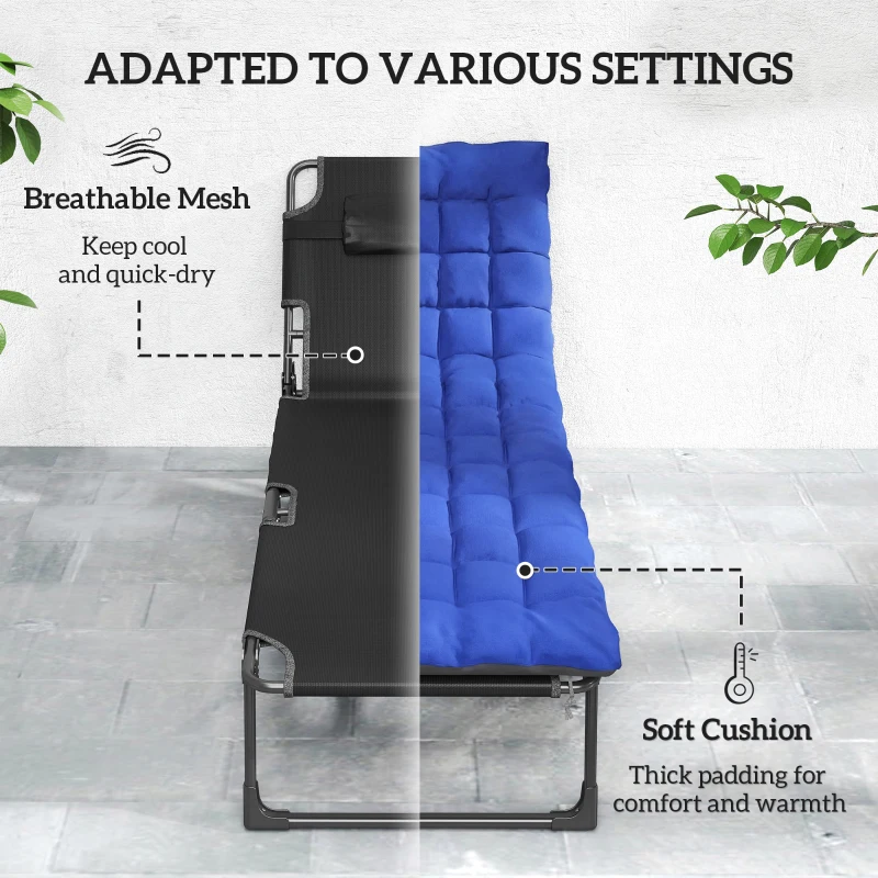 Outsunny Folding Chaise Lounge Chair Outdoor Tanning Chair with 5-Position Backrest, Cushion, Side Pocket, Gray/Blue