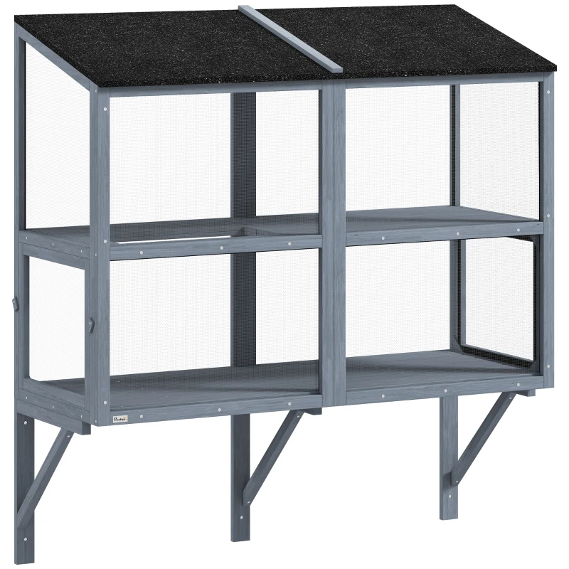 PawHut Catio Outdoor Cat Enclosure Wall-Mounted 2-Level Outdoor Cat House with Waterproof Roof 51.2" Grey